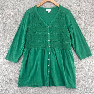 J Jill Top Womens Medium Green Smocked Slub Knit 1/4 Button V Neck 3/4 Sleeves